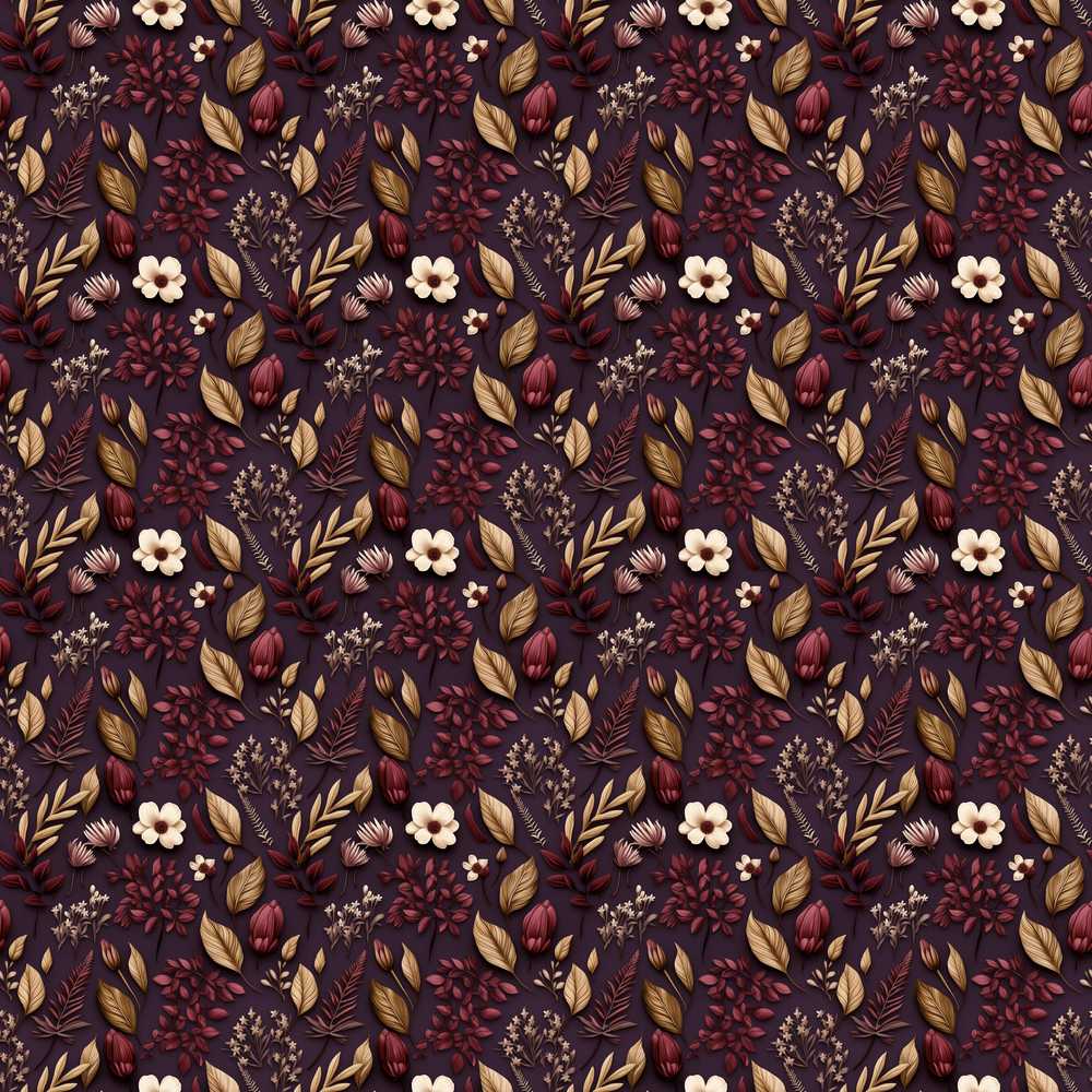 Dark Burgundy and Gold Botanical Leaves Floral Wildflower Pattern