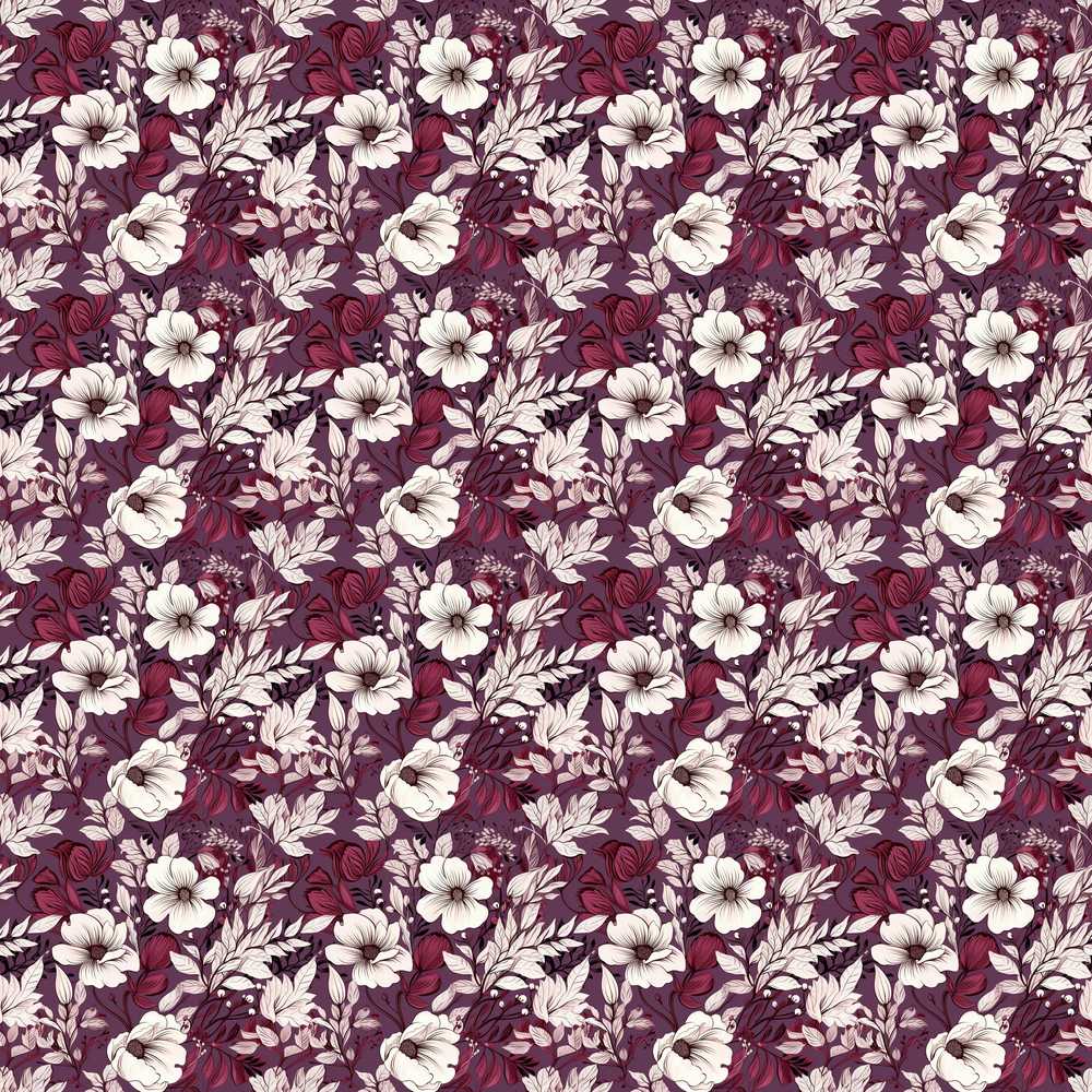 Deep Mauve Floral Garden with Ivory Blossoms Wildflower Pattern