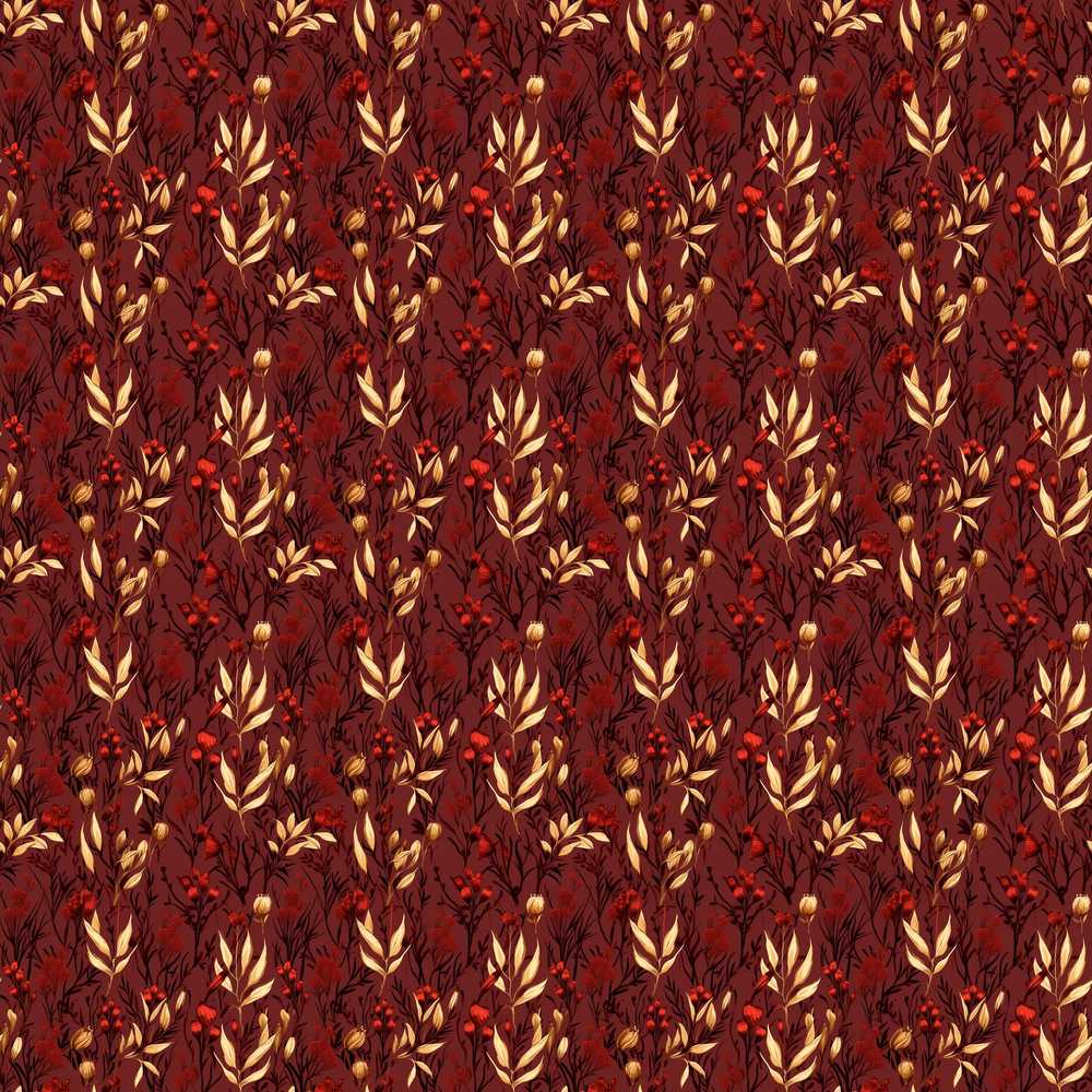 Rich Red and Gold Autumn Botanical Leaves Wildflower Pattern