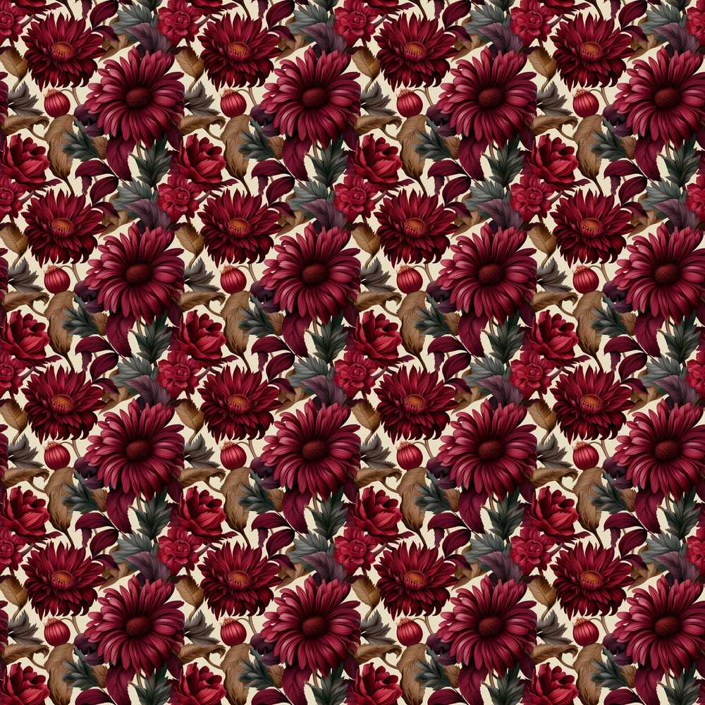 Bold Red Dahlia Floral Pattern with Neutral Leaves Wildflower