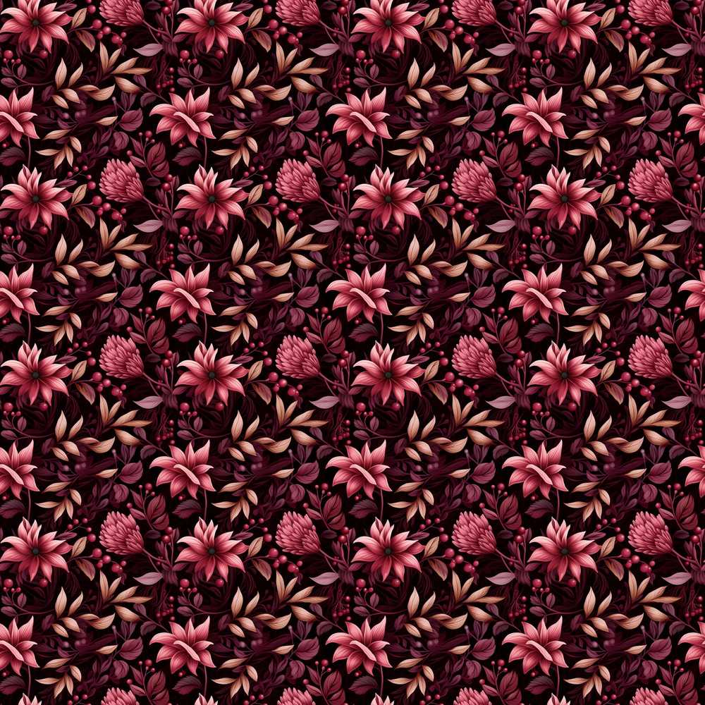Dark Burgundy Floral Blooms with Leaves Wildflower Pattern Botanical