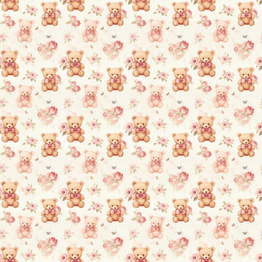Cute Teddy Bears with Pink Roses Wildflower Pattern Botanical