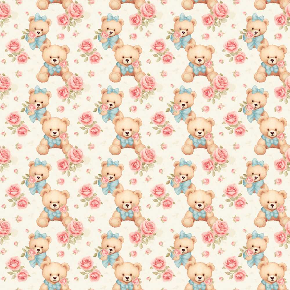 Teddy Bears with Blue Bows and Pink Roses Wildflower