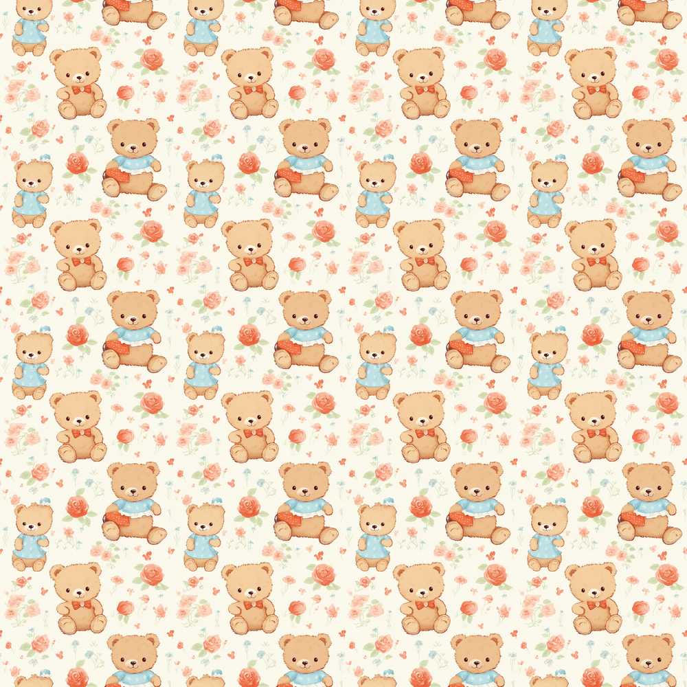 Cute Teddy Bears with Roses and Vintage Floral Background