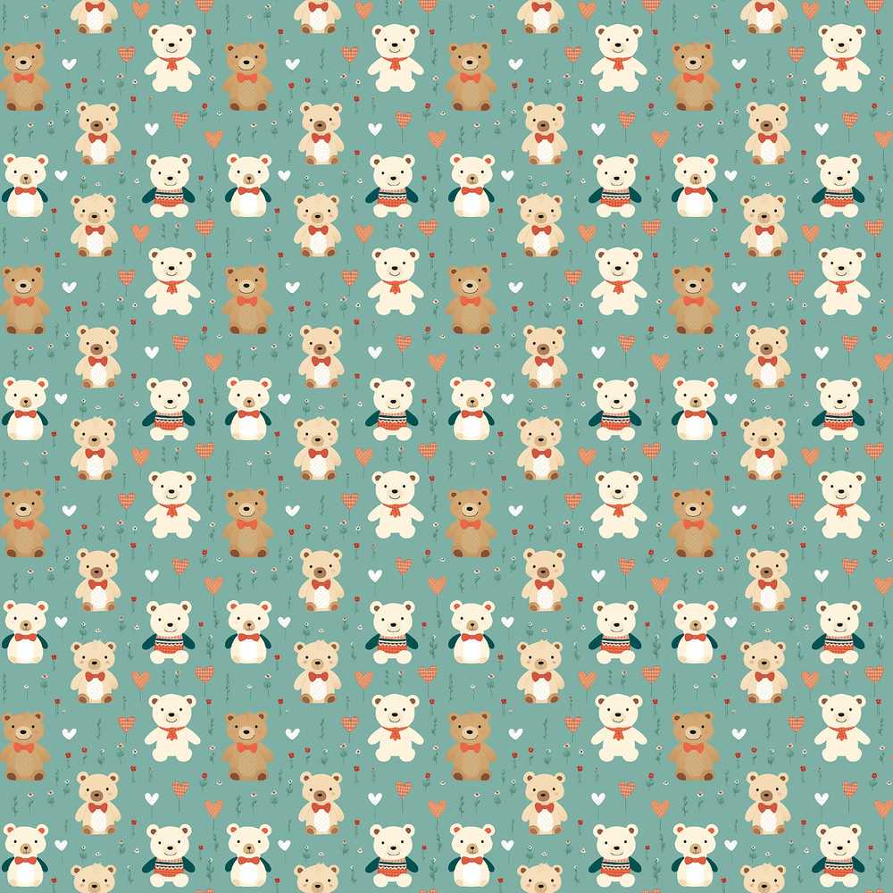 Cute Teddy Bears with Bows and Hearts on Teal Background