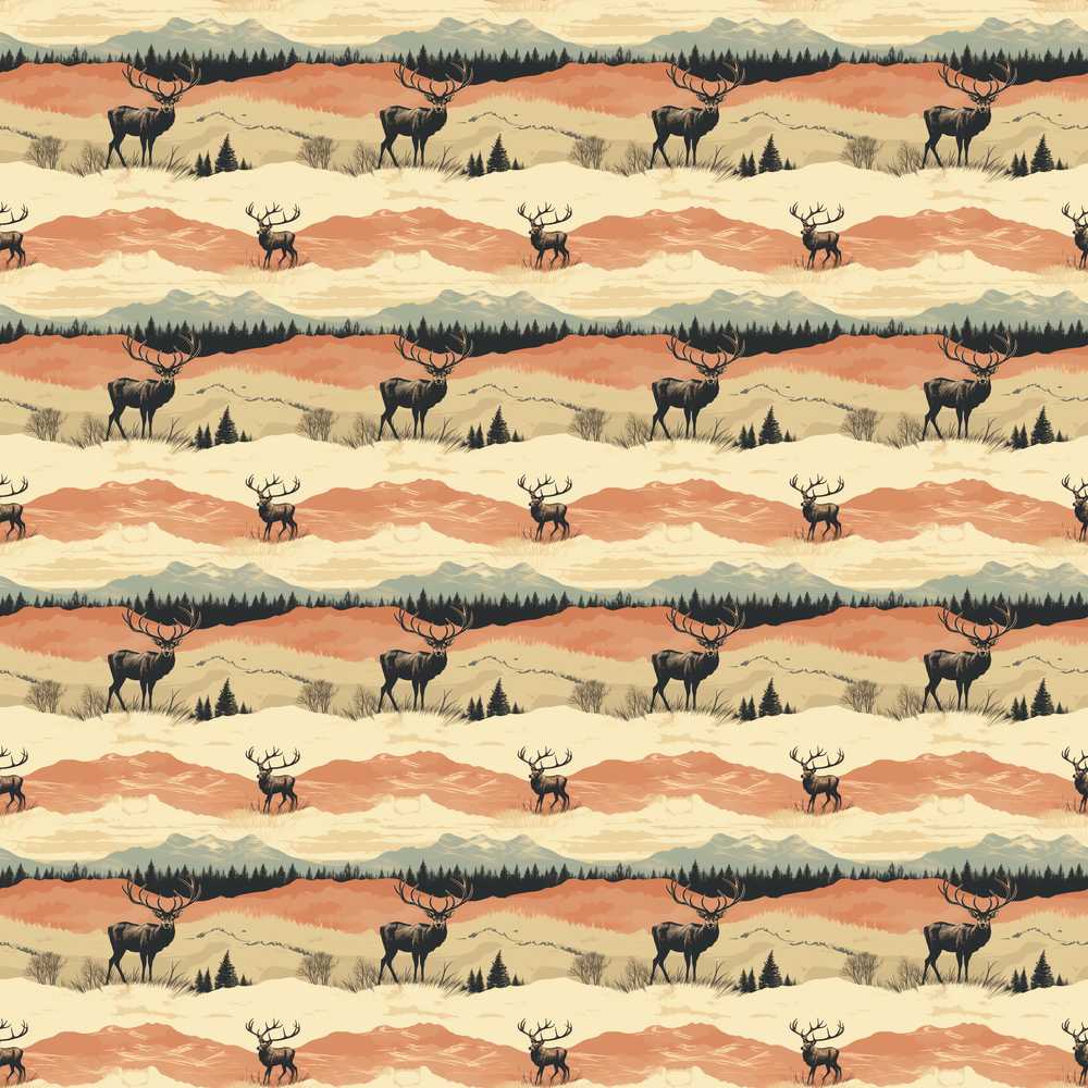 Majestic Deer in Mountain Landscape Sunset Decorative Repeat