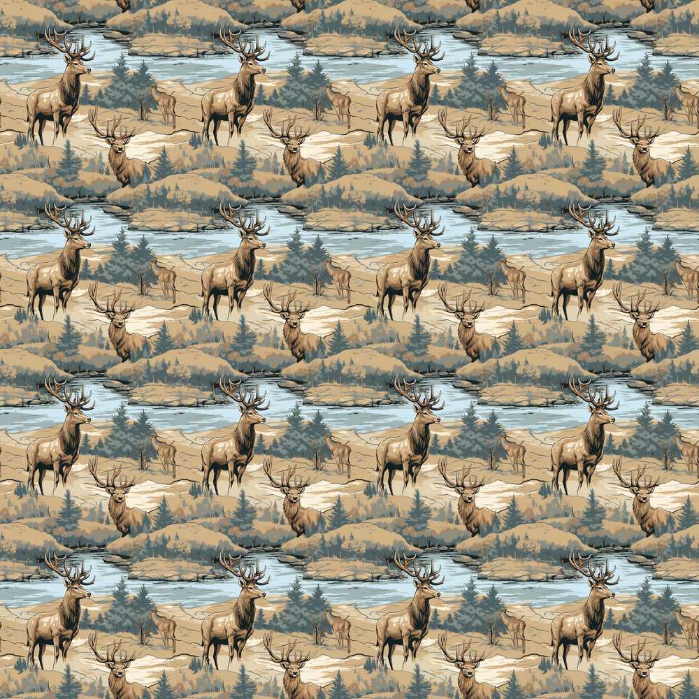 Realistic Deer by River Woodland Scene Decorative Repeat