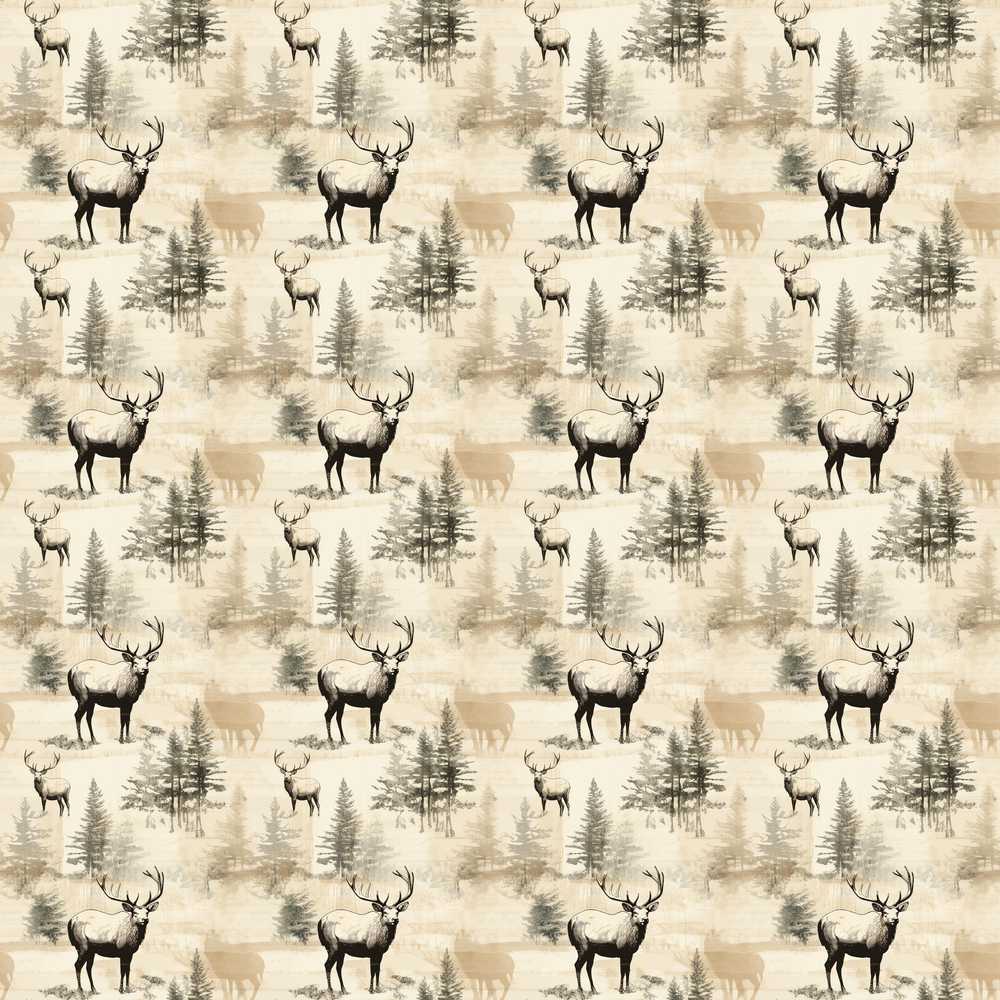 Vintage Deer with Forest Trees Neutral Beige Background