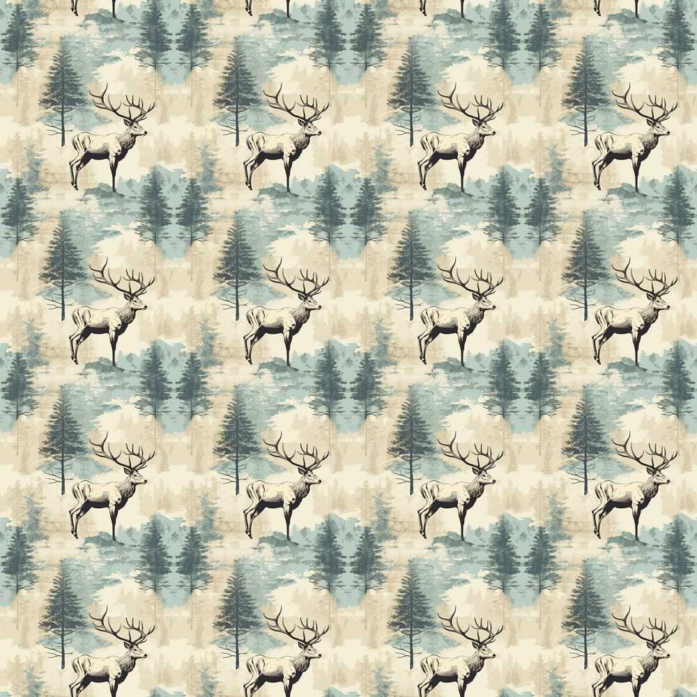 Elegant Deer in Misty Pine Forest Soft Blue Tones