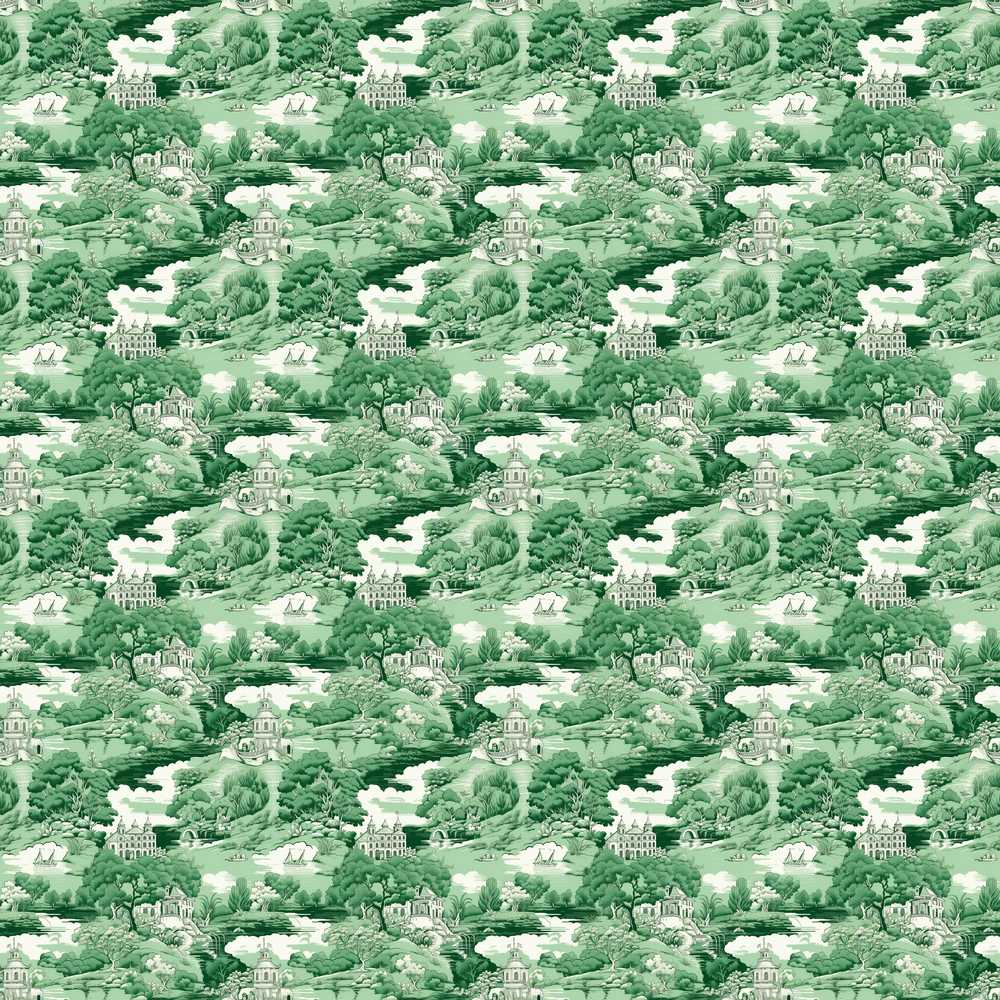 Bright Green Pastoral Hillside Village Scenic Toile Decorative