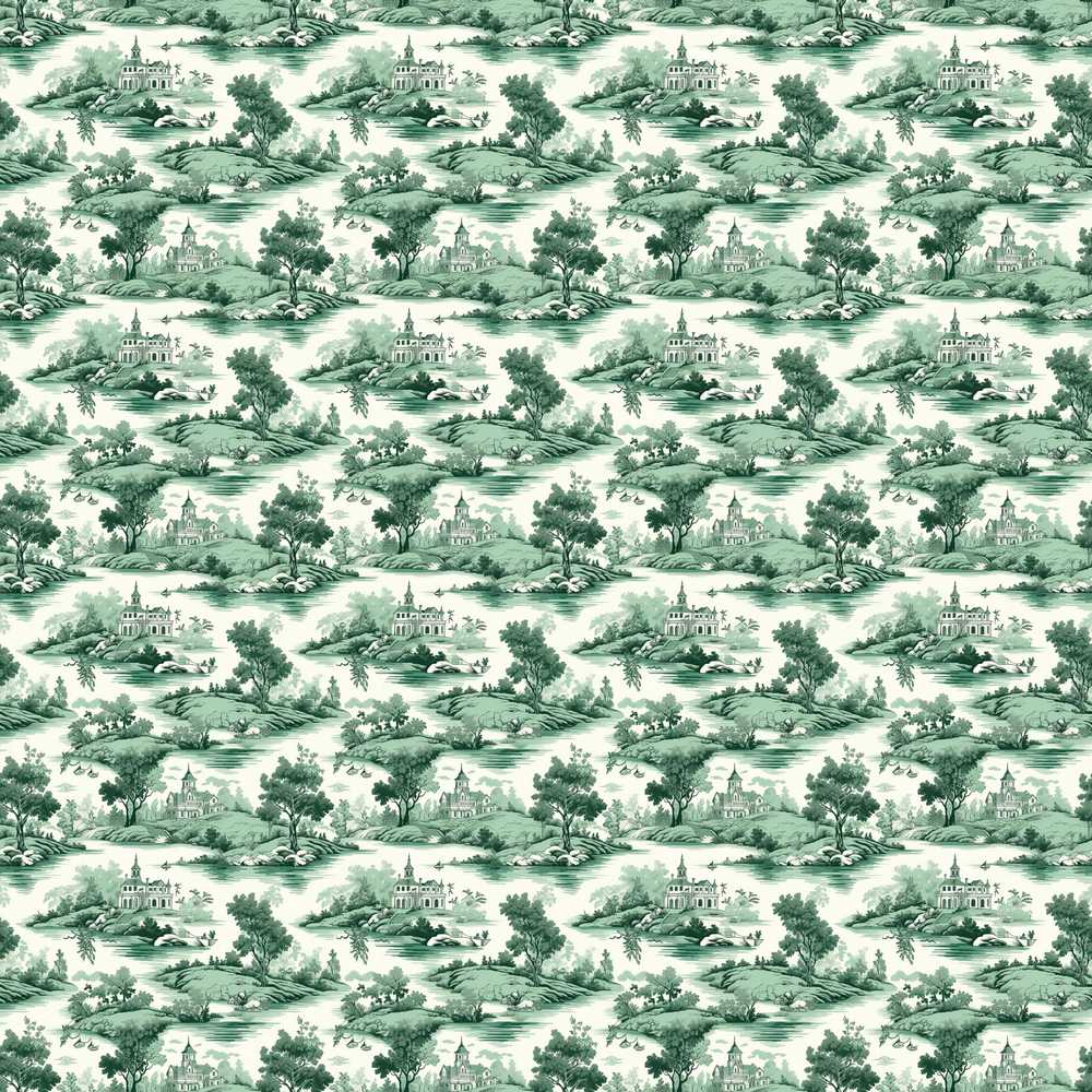 Soft Green Countryside River Village Scenic Toile Decorative
