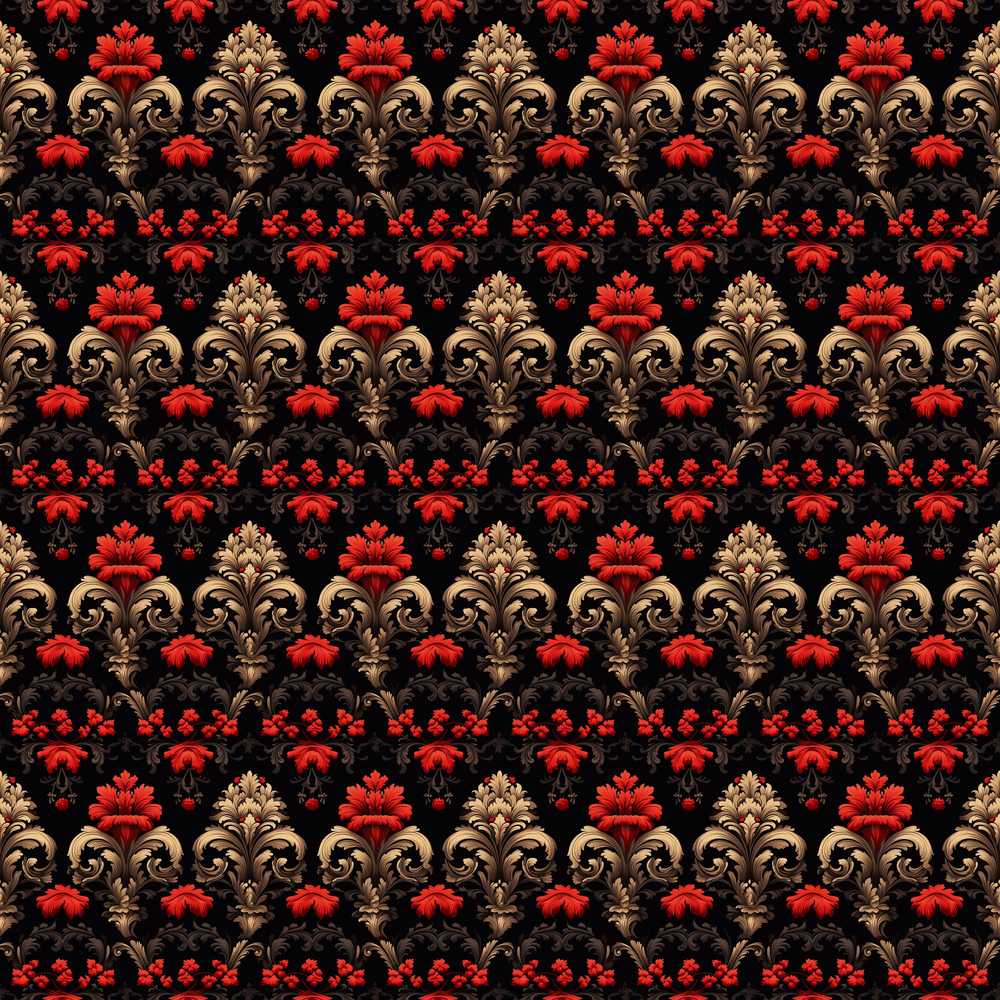 Luxury Black Red Gold Floral Baroque Damask Wildflower Pattern
