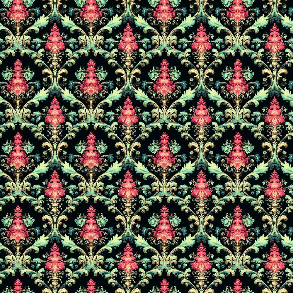 Vibrant Pink Teal Ornate Floral Baroque Damask Wildflower Pattern