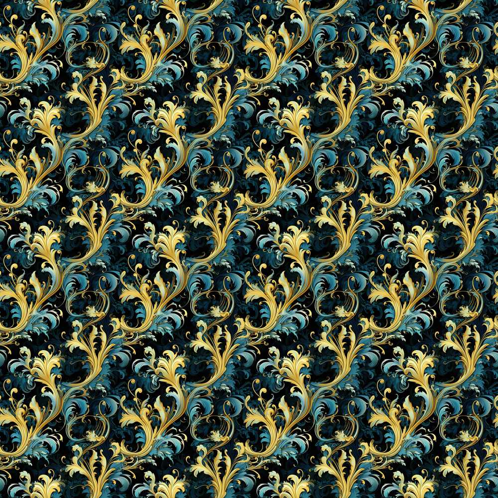 Elegant Blue Gold Flowing Acanthus Baroque Decorative Repeat
