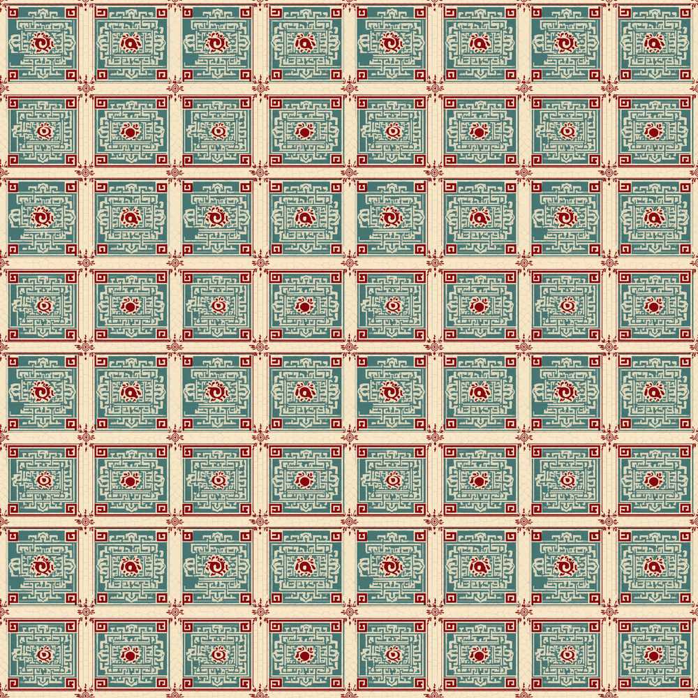 Teal Red Oriental Tile Geometric Square Repeat Pattern