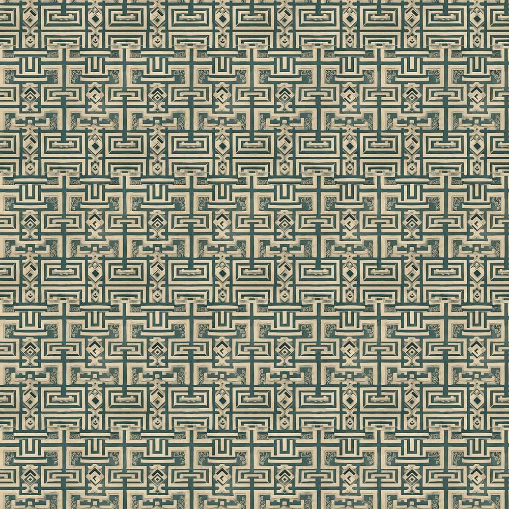 Muted Teal Beige Tribal Geometric Maze Repeat Pattern