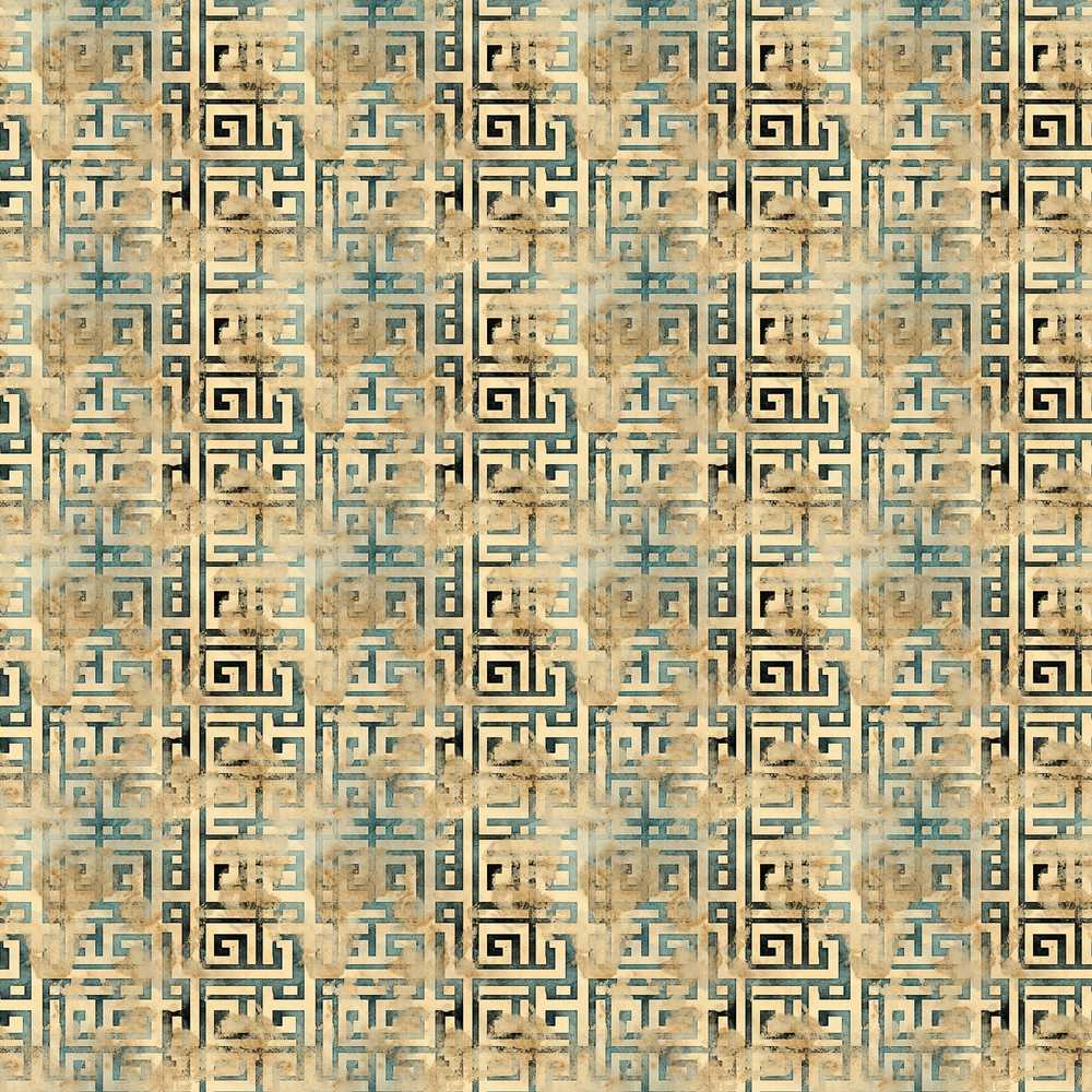 Distressed Beige Teal Grunge Maze Decorative Repeat Pattern