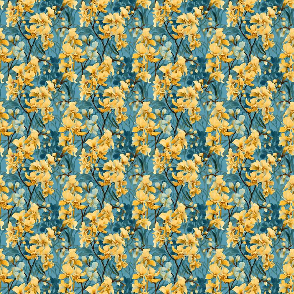Golden Yellow Floral Botanical Blue Background Wildflower Pattern