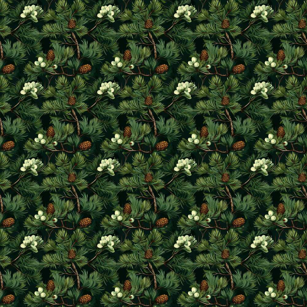 Dark Green Pine Branches Cones Botanical Wildflower Pattern