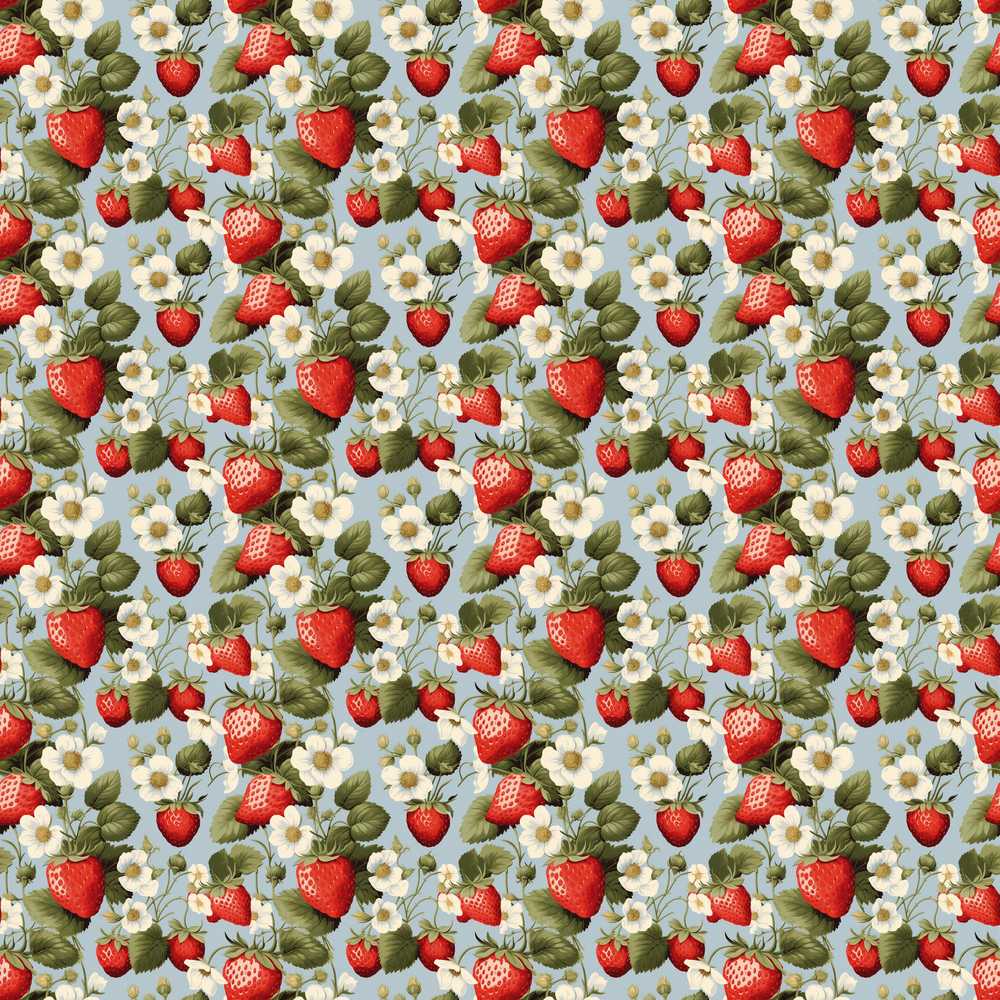 Strawberry Blossom Garden Botanical Blue Background Wildflower Pattern