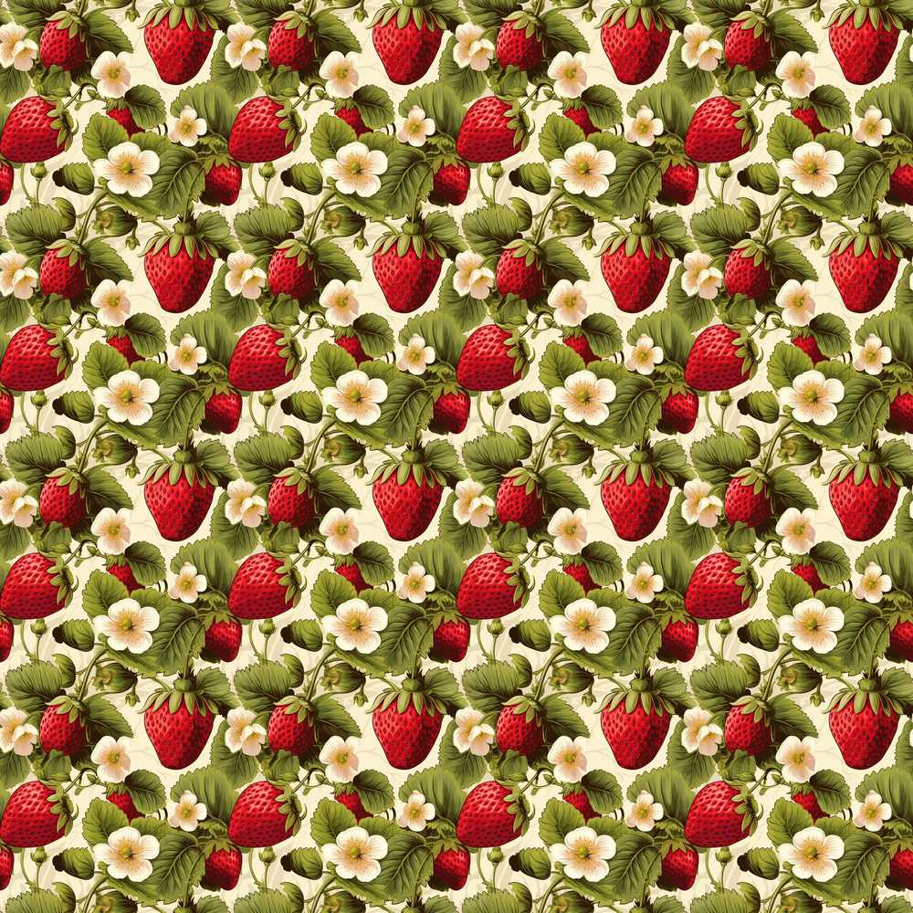 Classic Strawberry Garden Floral Cream Wildflower Pattern Botanical