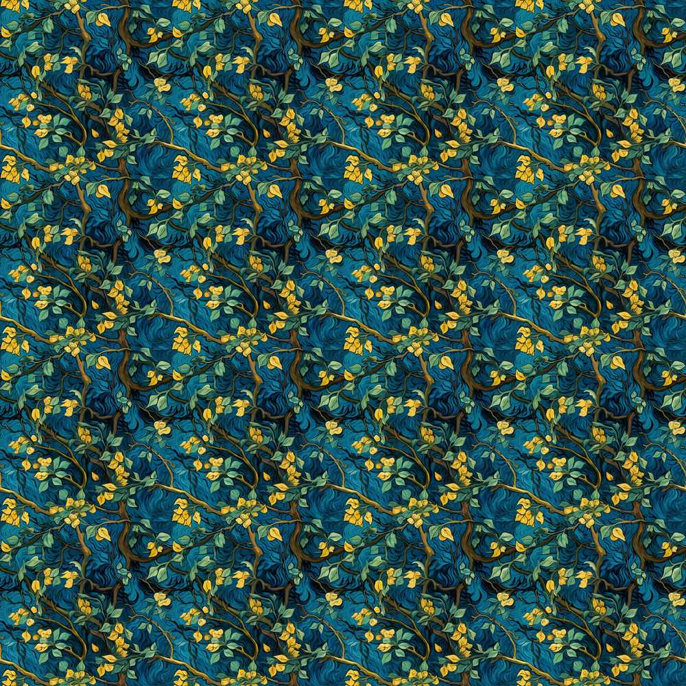 Dark Teal Floral Vine with Yellow Leaves Wildflower Pattern
