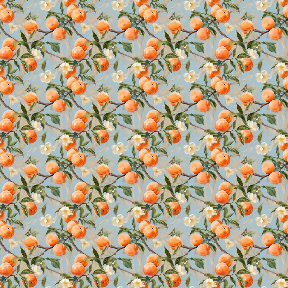 Blue Background Peach Blossom Fruit Wildflower Pattern Botanical