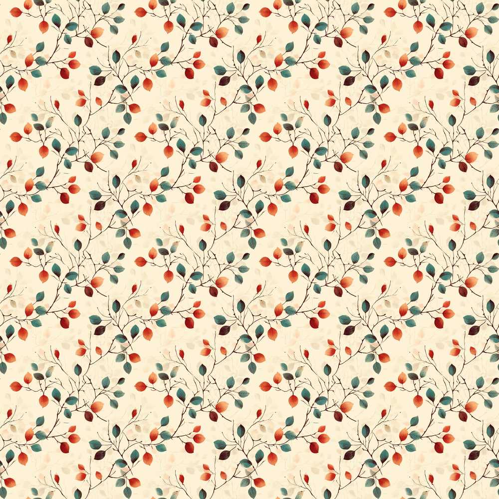 Autumn Branches with Red and Teal Leaves Wildflower Pattern