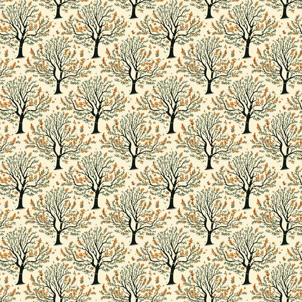 Stylized Autumn Trees with Falling Leaves Wildflower Pattern Botanical