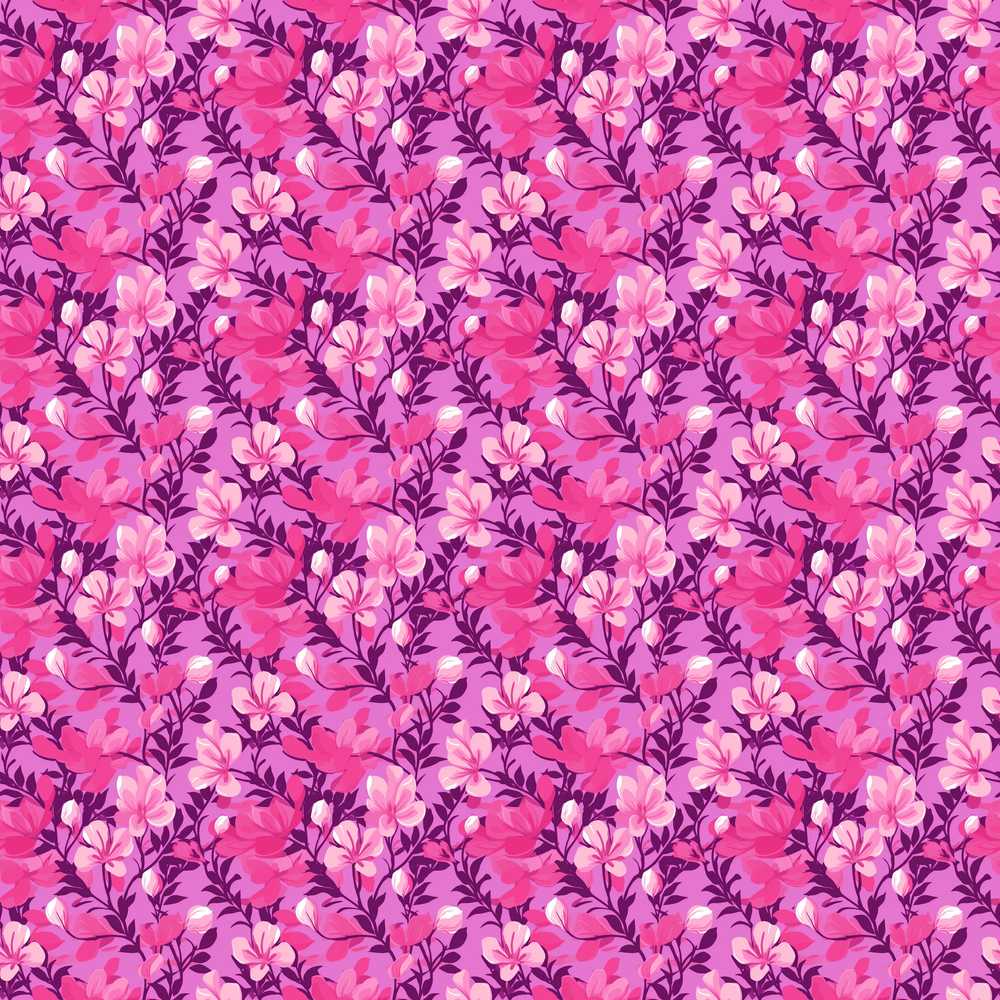 Vibrant Pink Floral Garden on Purple Background Wildflower Pattern
