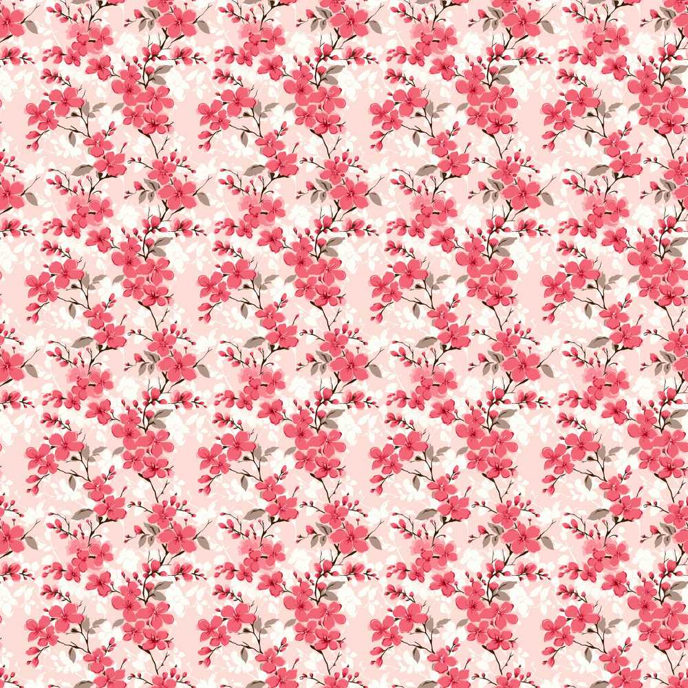 Coral Cherry Blossom Floral Branches on Beige Background Wildflower