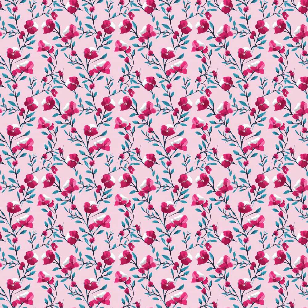 Modern Pink Floral Vine Pattern with Teal Leaves Wildflower