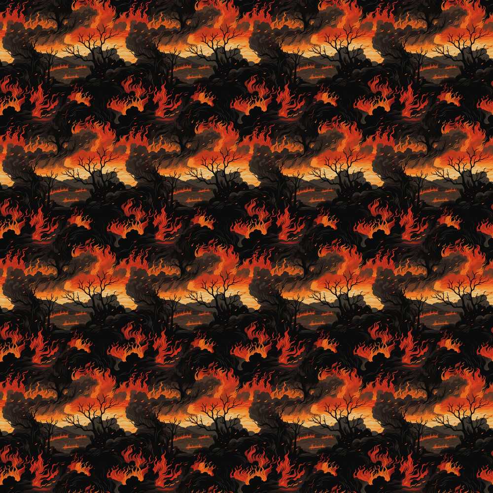 Dark Burning Forest Scene with Dramatic Fire Glow