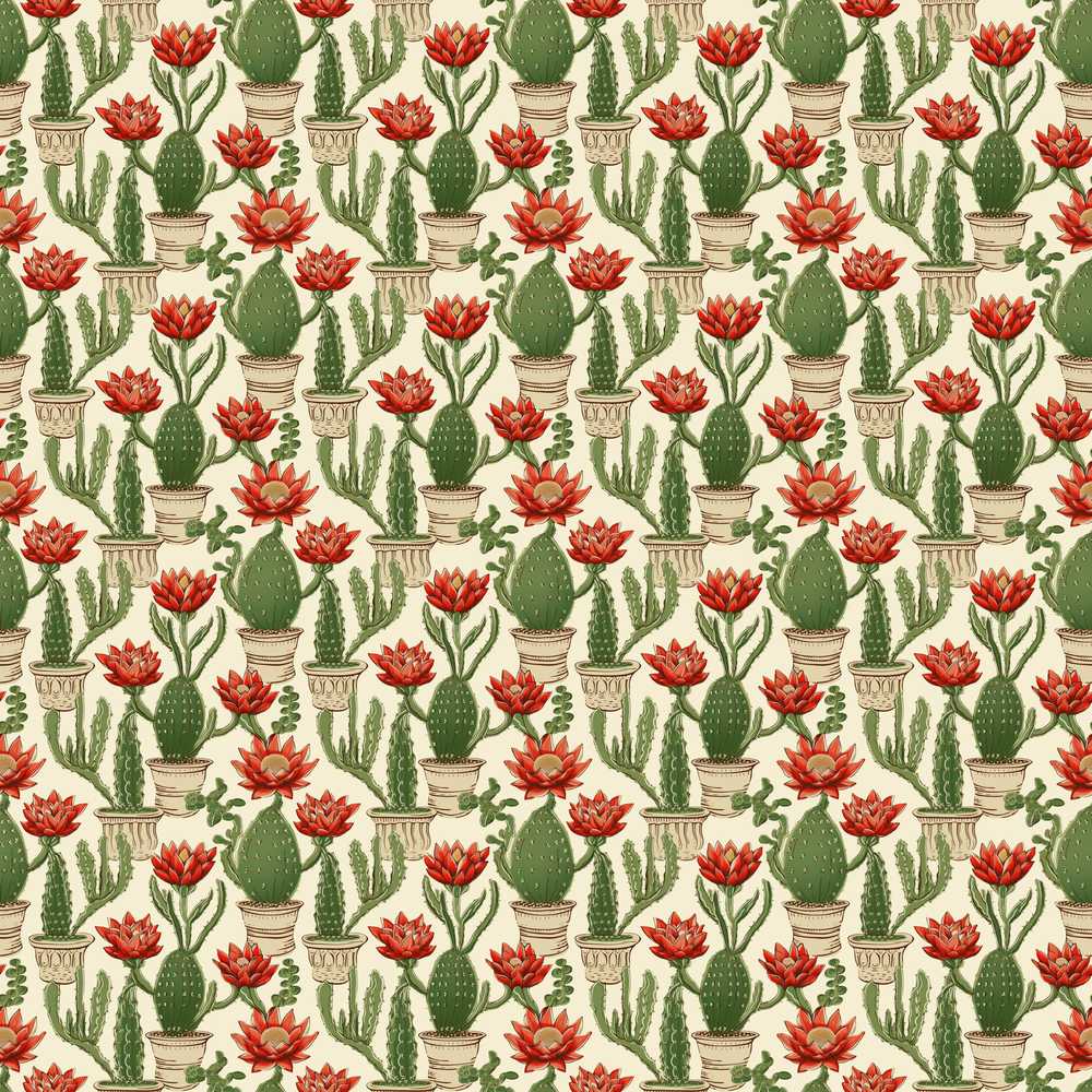 Blooming Red Flower Cactus Garden Botanical Wildflower Pattern