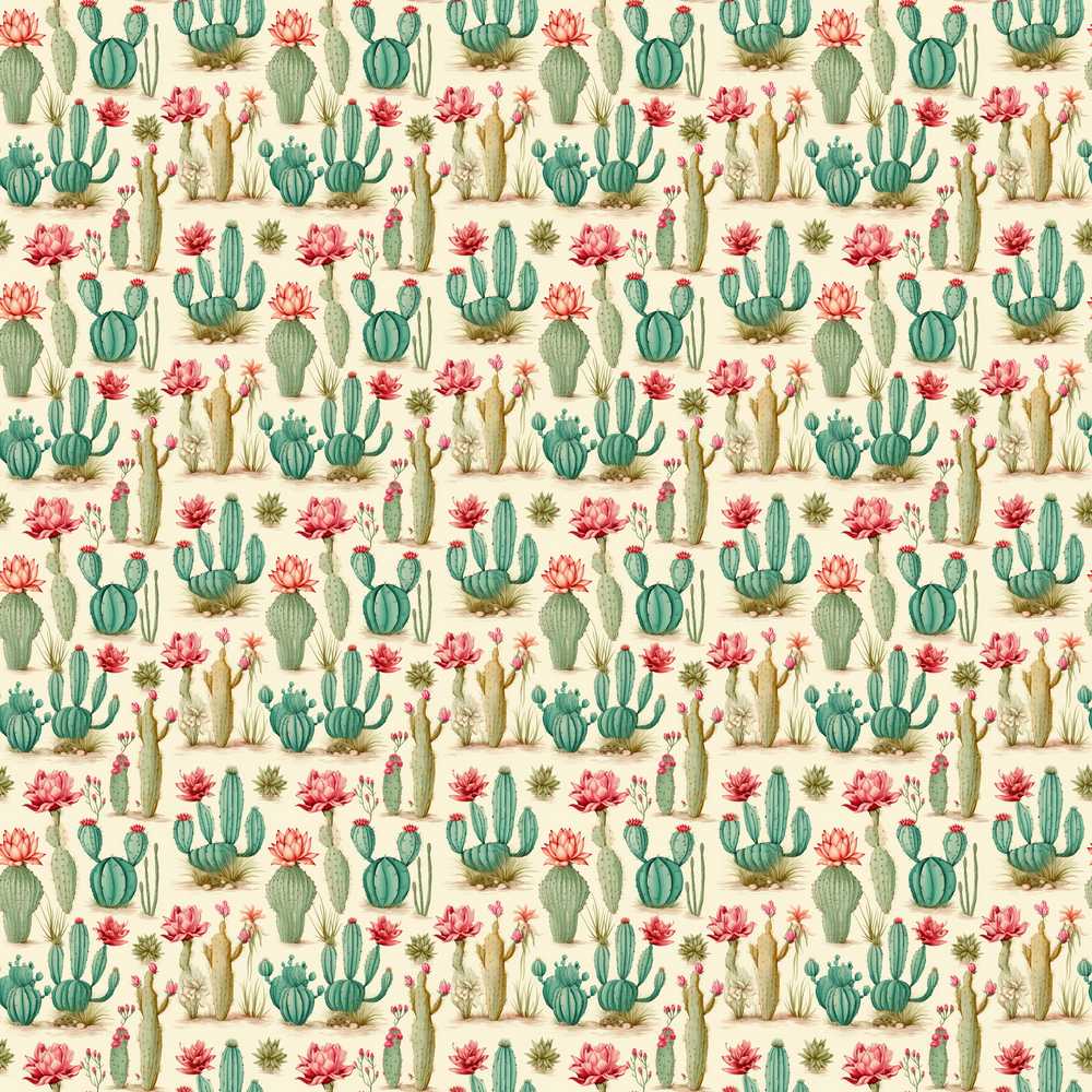 Vintage Style Cactus and Pink Flower Botanical Wildflower Pattern