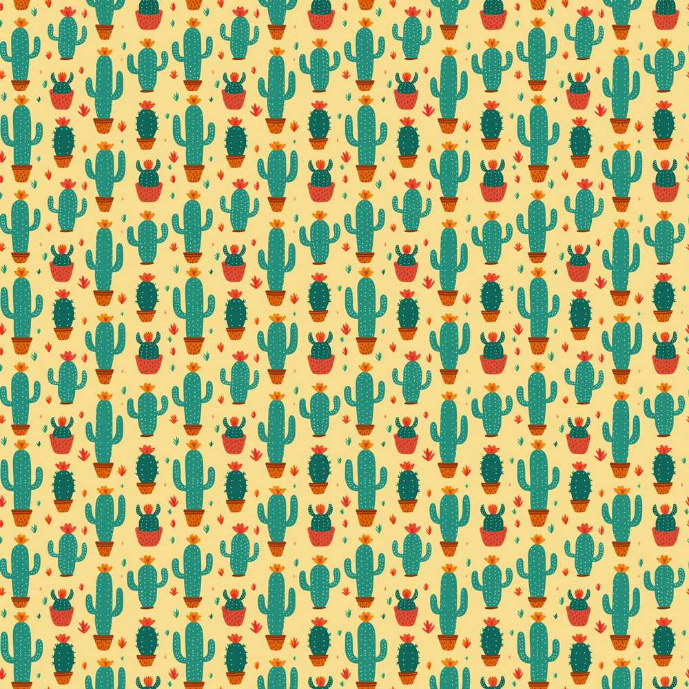 Stylised Green Cactus Plants with Orange Flowers Wildflower Pattern