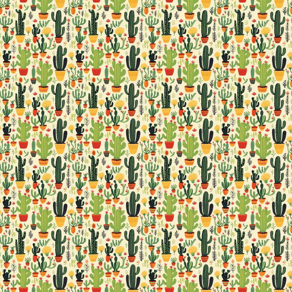 Whimsical Mixed Cactus and Succulent Illustration Decorative Repeat