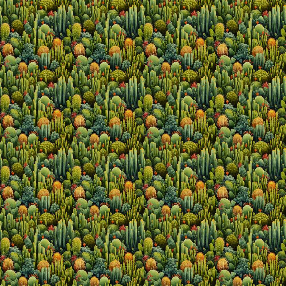 Dense Green Cactus Jungle with Small Flowers Wildflower Pattern