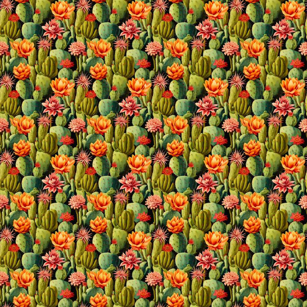 Vibrant Blooming Cactus Garden with Orange Flowers Wildflower Pattern