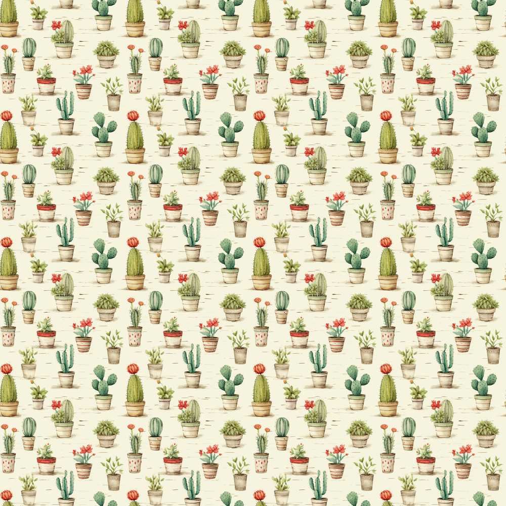 Vintage Potted Cactus and Succulent Botanical Wildflower Pattern