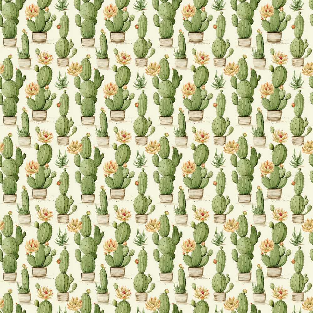 Soft Green Cactus with Cream Flower Illustration Wildflower Pattern
