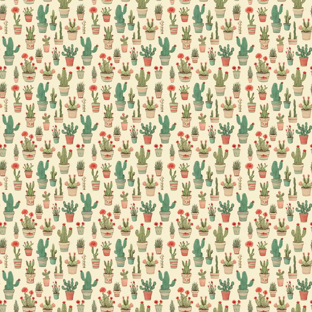 Cute Vintage Style Cactus and Flower Pots Beige Wildflower
