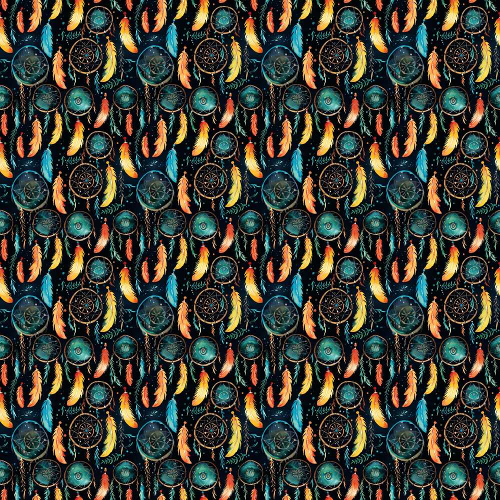 Vibrant Tribal Feathers Dreamcatcher Dark Decorative Repeat Pattern