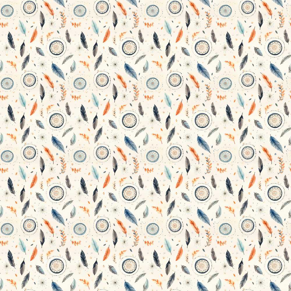 Boho Feathers Leaves Tribal Elements Cream Background Wildflower Pattern