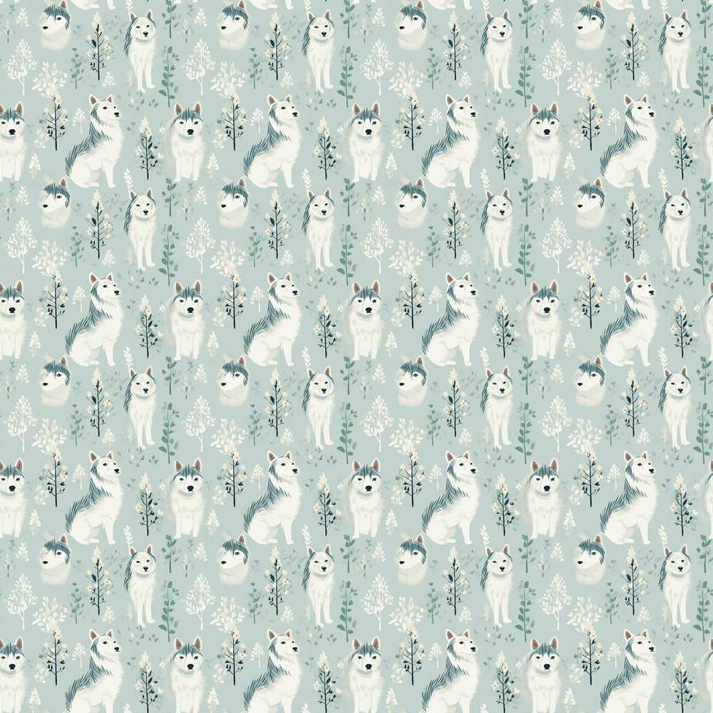 Cute Husky Dogs Floral Forest Pattern Soft Blue Background