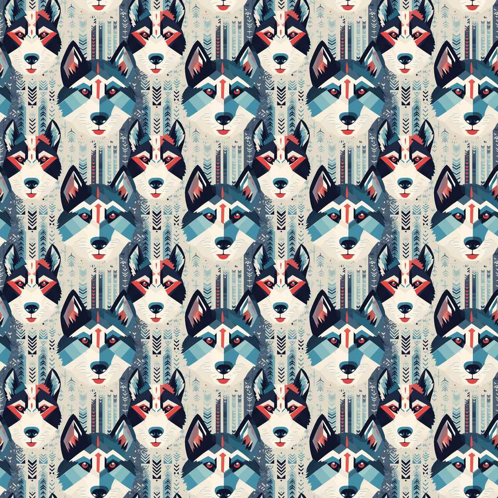 Geometric Husky Dog Faces Tribal Style Illustration Repeat