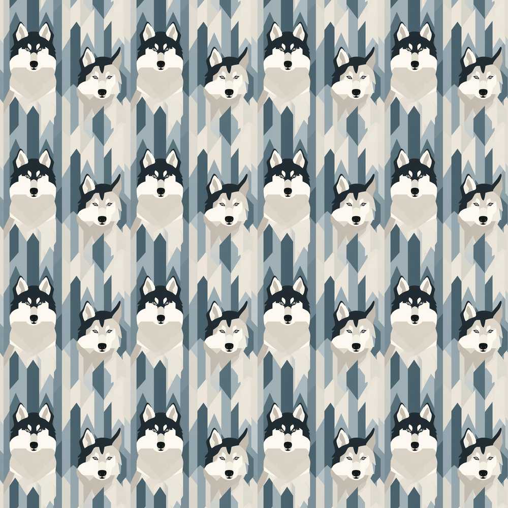 Modern Minimal Husky Dogs Abstract Shapes Pattern Blue Grey