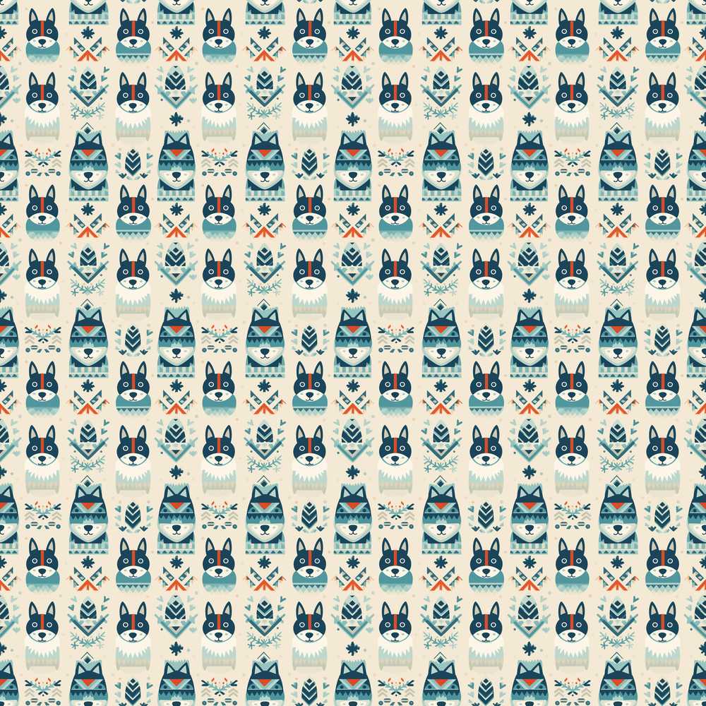 Cute Nordic Husky Folk Style Cream Background Decorative