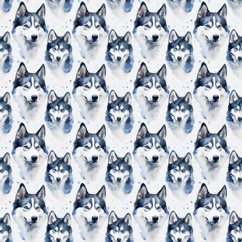 Watercolor Husky Dog Faces Soft Blue Splash Background