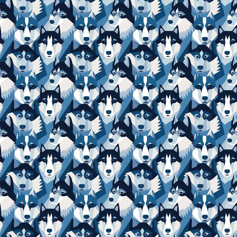 Modern Geometric Husky Dog Heads Blue Tone Abstract Style